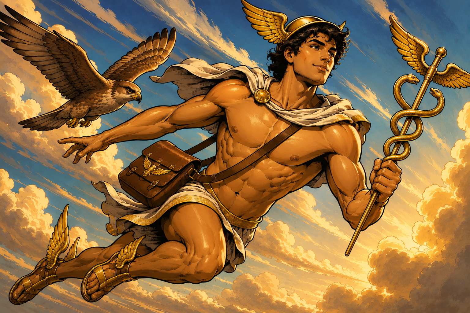 The God Hermes, bronzed skin and dark features, flying through the air with a hawk beside him. He has his iconic winged sandals, messenger bag, caduceus, and helmet. The God Hermes, bronzed skin and dark features, flying through the air with a hawk beside him. He has his iconic winged sandals, messenger bag, caduceus, and helmet.